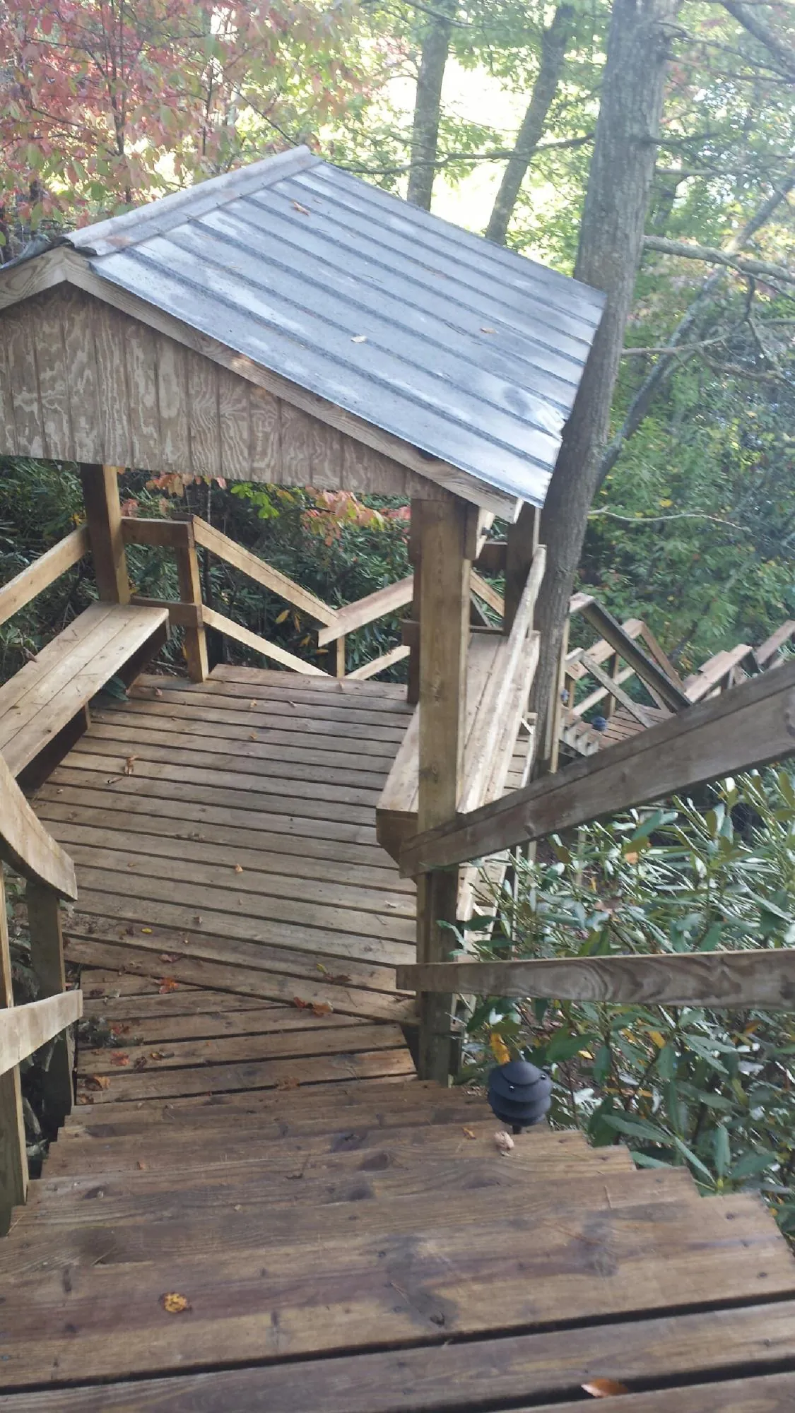 Metal roofed shelter over wooden steps on a wooded walkway — Skylight Repair & Installation work by our crew in Jenners